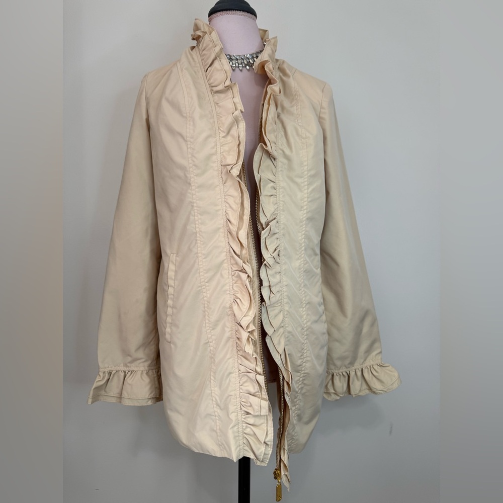 Dennis by Dennis Basso Cream Ruffle Zip up Trench Coat in size XS